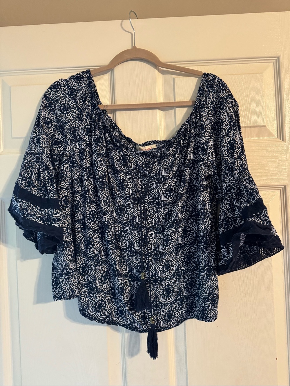 Solitaire Navy and White Printed Boho Peasant Top